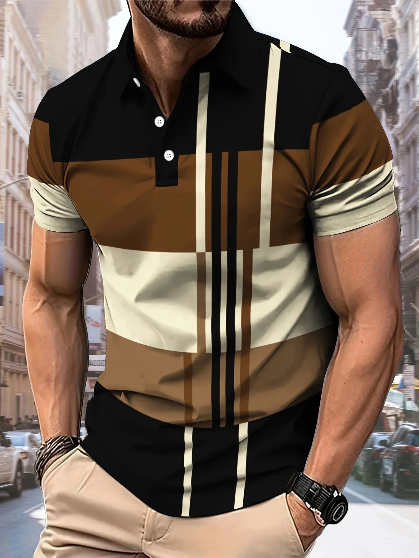 Camisa polo color block masculina com estampas modernas em tons marrons e pretos para estilo casual