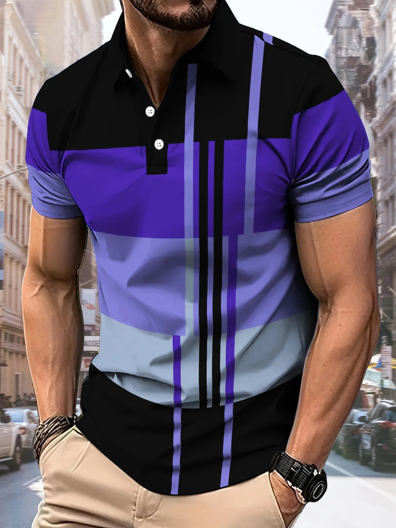 Camisa polo color block masculina em tons de roxo e preto, ideal para looks casuais