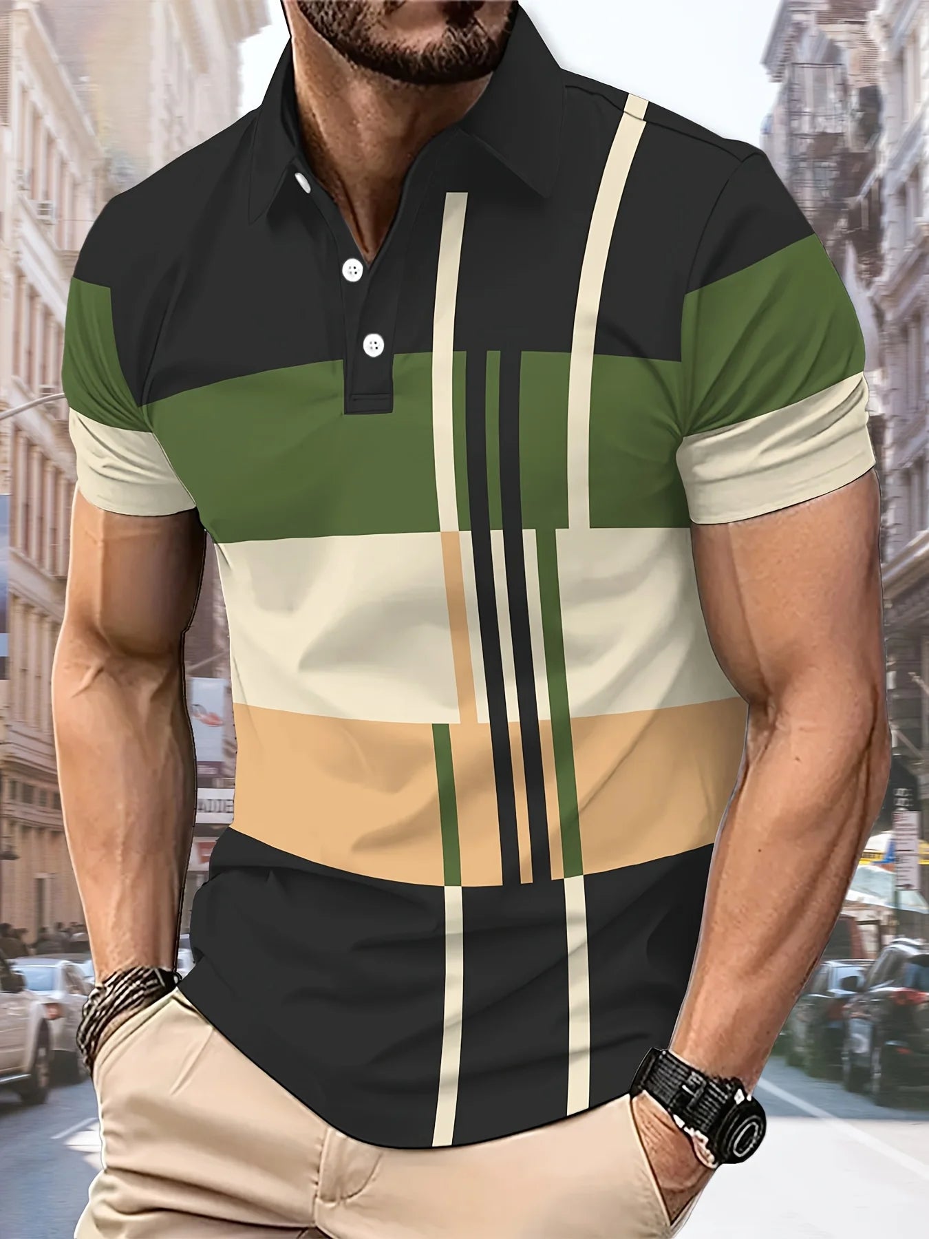 Camisa polo color block masculina com design moderno e bold, ideal para looks casuais e elegantes