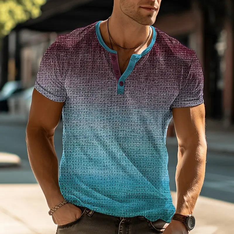 Camiseta henley gradiente 3D masculina em tons de roxo e azul com botão frontal