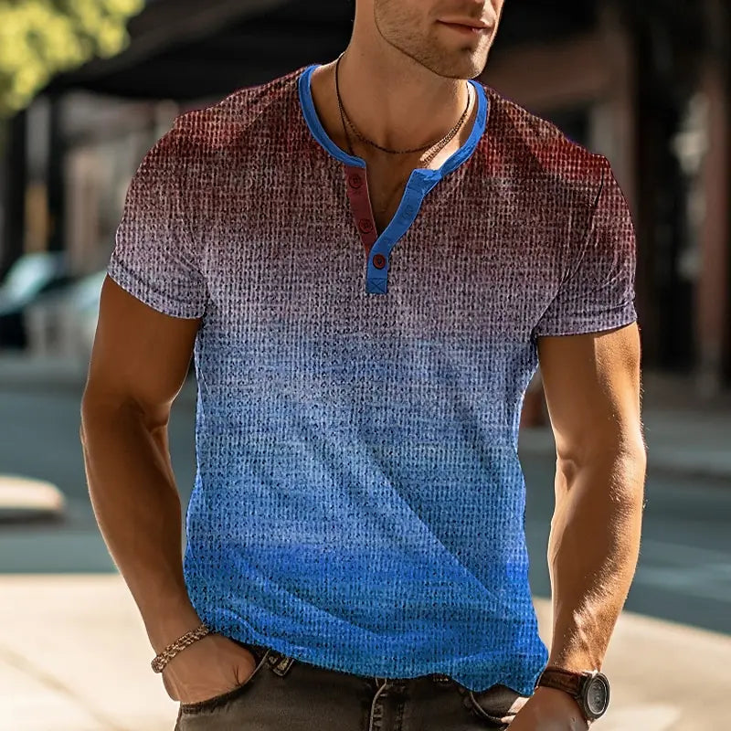Camiseta henley gradiente 3D masculina em azul e vermelho, ideal para looks casuais e modernos