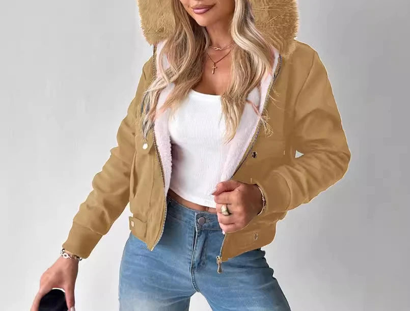 Casaco feminino streetwear RANMO com capuz de pelagem e forro suave em tom areia
