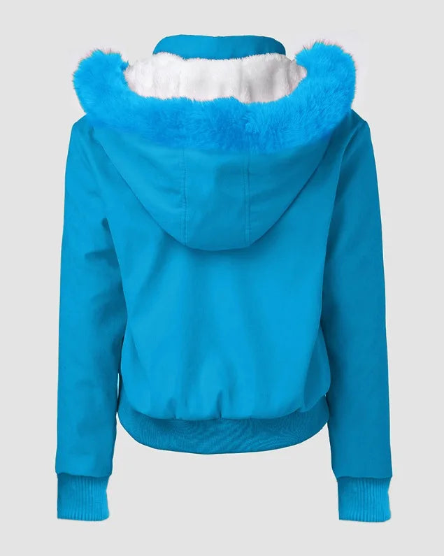 Casaco feminino streetwear RANMO azul com capuz e forro de pelúcia branco