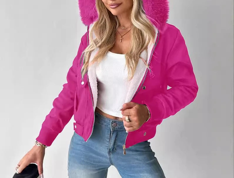 Casaco feminino streetwear da RANMO em rosa com capuz de pelagem e estilo moderno