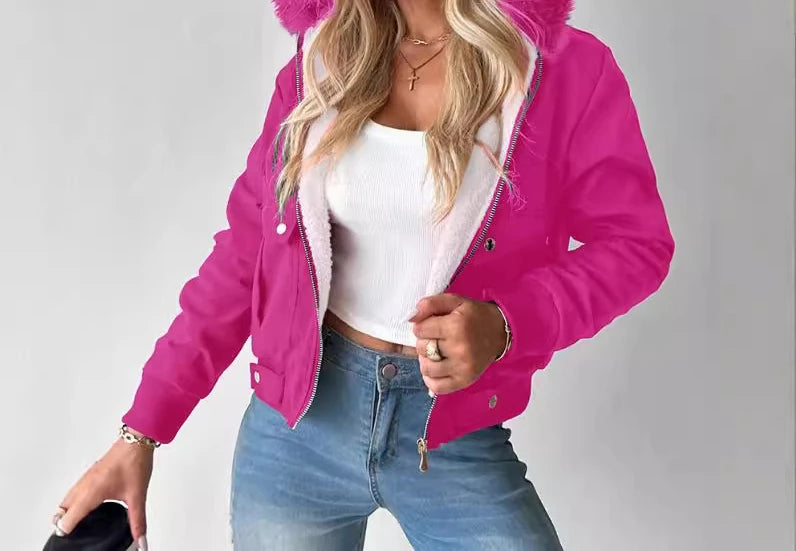 Casaco feminino streetwear RANMO em rosa com capuz de pelúcia para um look moderno