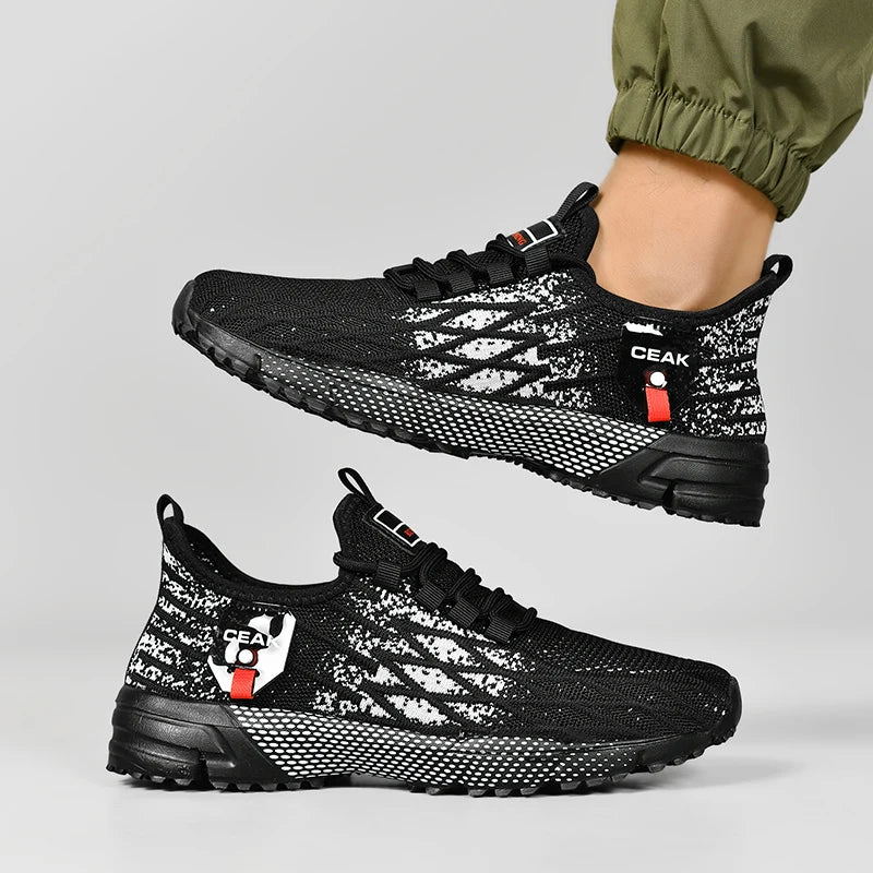 Tênis casual esportivo masculino moderno HKFI em preto com detalhes em branco e sola antiderrapante