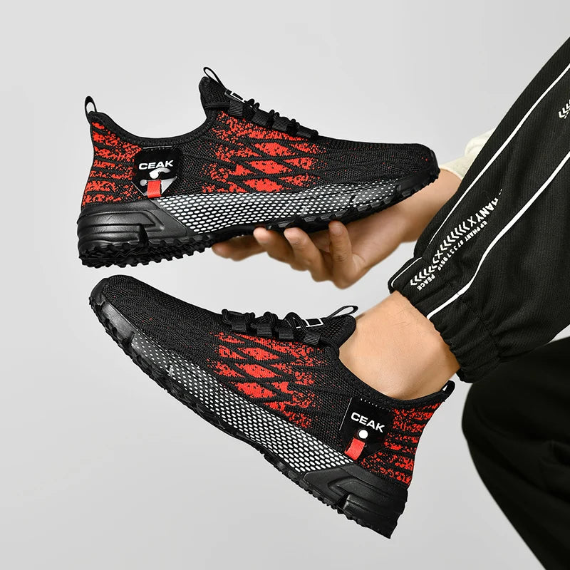 Tênis casual esportivo masculino moderno HKFI com design em preto e vermelho e solado antiderrapante