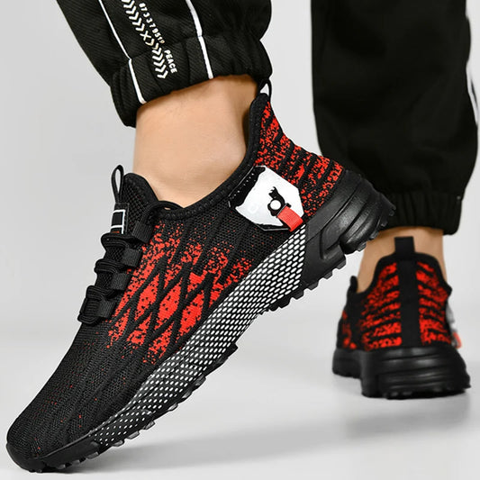 Tênis casual esportivo masculino moderno em preto e vermelho com design respirável e sola antiderrapante