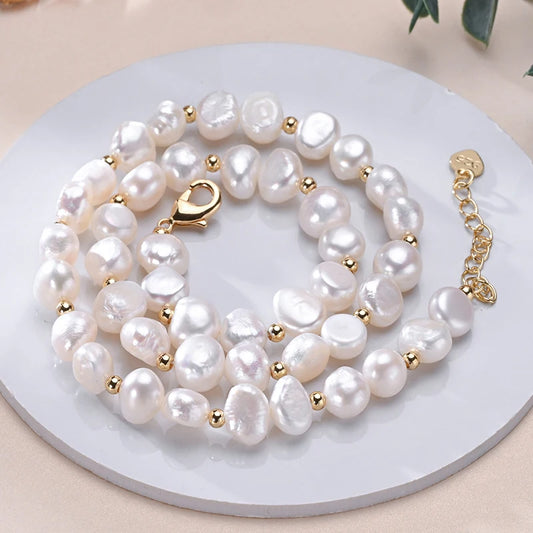 Colar feminino DAINASHI com colares s925 prata esterlina pérolas naturais e detalhes dourados