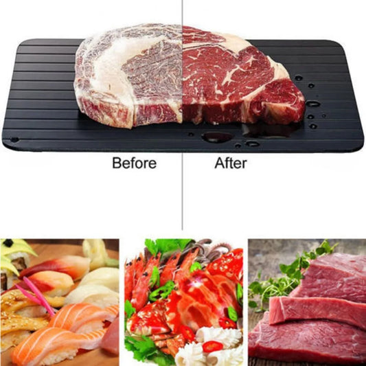 Bandeja de descongelamento rápido com carne antes e depois, ideal para como descongelar carne rapidamente