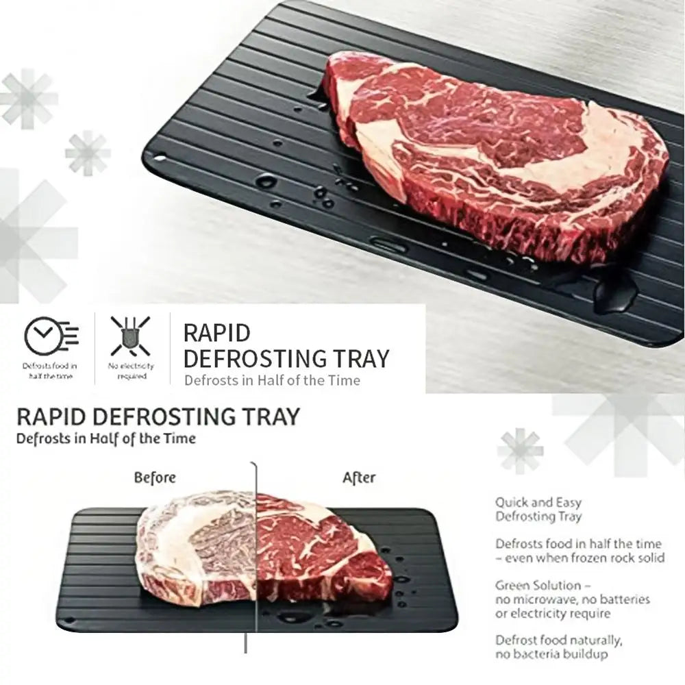 Bandeja de descongelamento rápido para carne, mostrando o antes e depois de como descongelar carne rapidamente