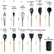 Conjunto cozinha cabo madeira com utensílios de silicone em várias formas e tamanhos para cozinhar