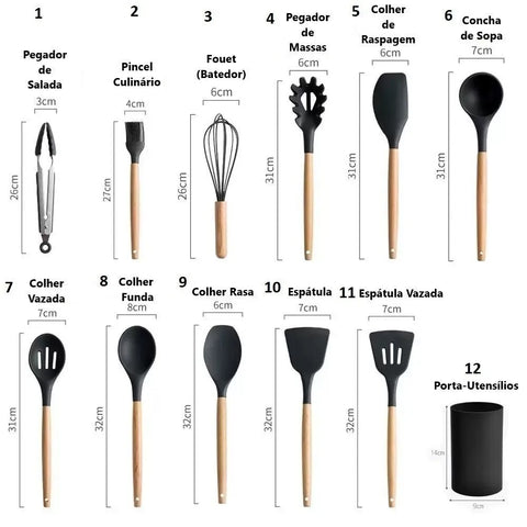 Conjunto cozinha cabo madeira com utensílios de silicone em várias formas e tamanhos para cozinhar
