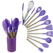 Conjunto cozinha cabo madeira em roxo com utensílios de silicone e um suporte prático para organização