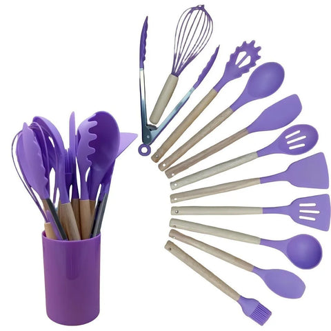 Conjunto cozinha cabo madeira em roxo com utensílios de silicone e um suporte prático para organização