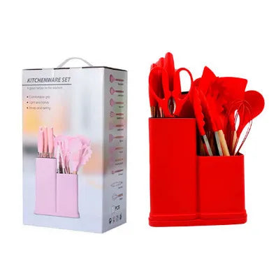 Conjunto cozinha cabo madeira em embalagem com utensílios de silicone e ferramentas de cozinha em vermelho