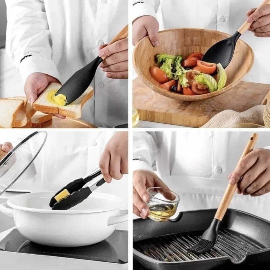 Conjunto cozinha cabo madeira com utensílios de silicone em uso para preparar alimentos variados
