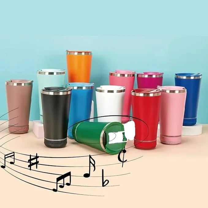 Copo bluetooth 420 ml colorido com caixa de som acoplada, ideal para bebidas e música.