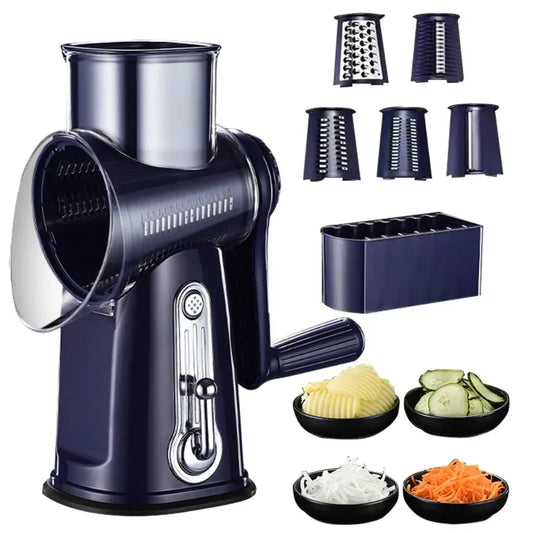Cortador de vegetais manual preto com várias lâminas e tigelas de vegetais fatiados