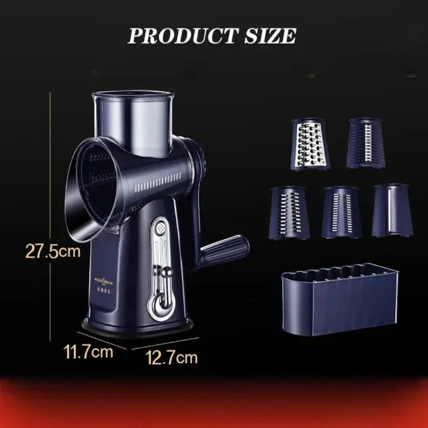 Cortador de vegetais manual preto com alavanca e cinco lâminas intercambiáveis para fatiar legumes