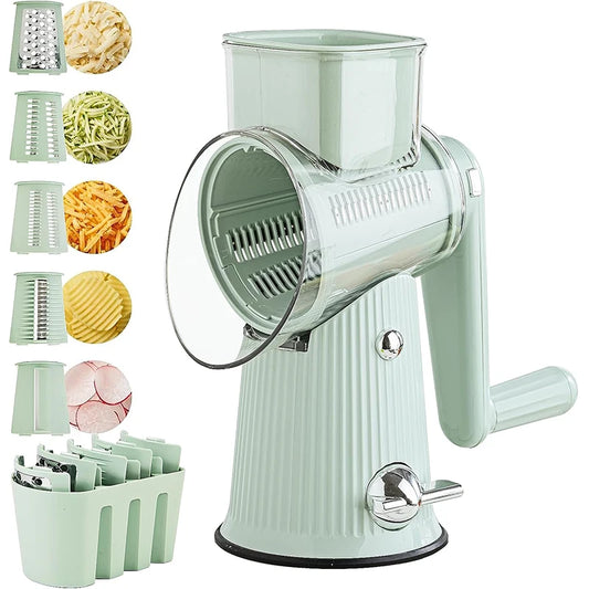 ralador de queijo e legumes rotativo LMETJMA verde pastel com tambor giratório, alavanca, base sucção e múltiplas lâminas