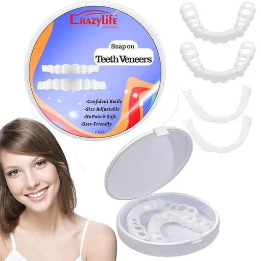 Conjunto CRAZY LIFE de facetas dentárias SnapOn com estojo, várias peças e sorriso mostrado, folheados SnapOn para dentes