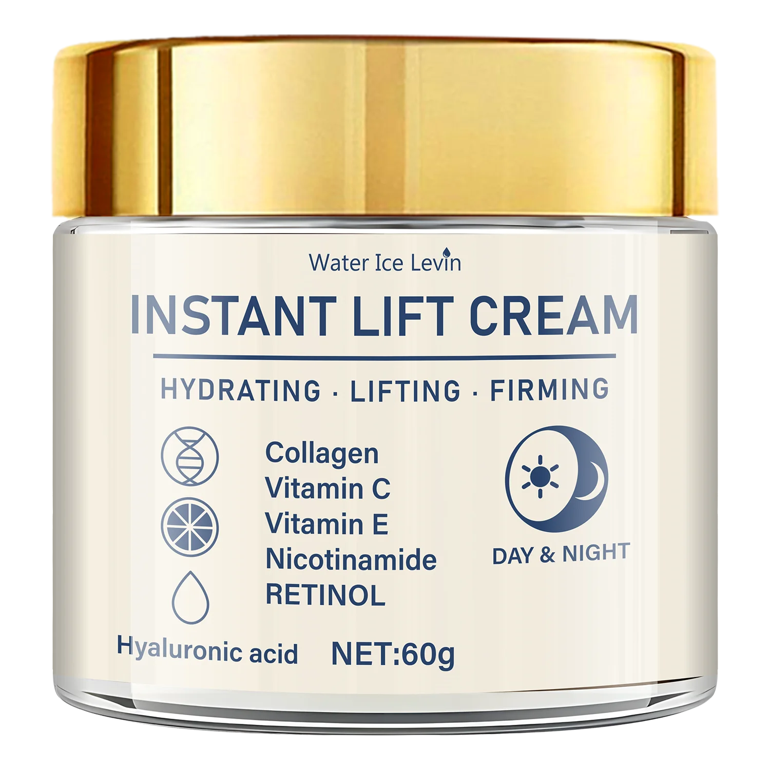 Creme firmador facial com retinol da Water Ice Levin em embalagem de 60g, hidrata e firma a pele.