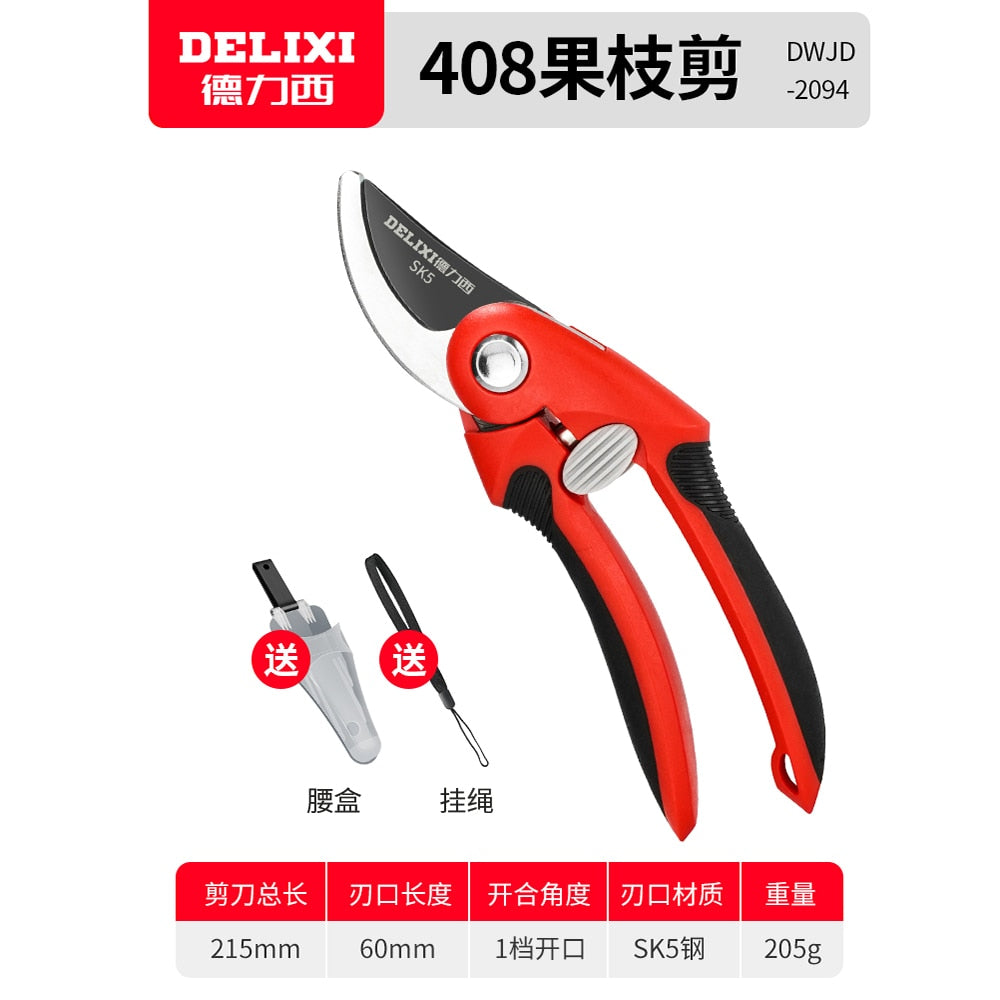 Tesoura jardinagem profissional DELIXI de aço para poda, com cabo ergonômico e lâmina afiada para cortes precisos.