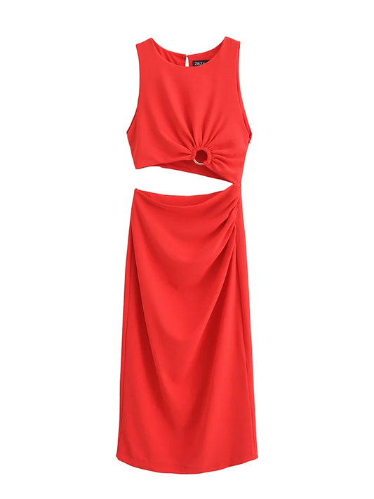 Elegante vestido slim fit vermelho com detalhe de nó e drapeado, ideal para ocasiões especiais