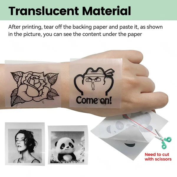 Rolos de papel de mini impressão PERIPAGE mostrando etiqueta autoadesiva 57mm e uso de material translúcido