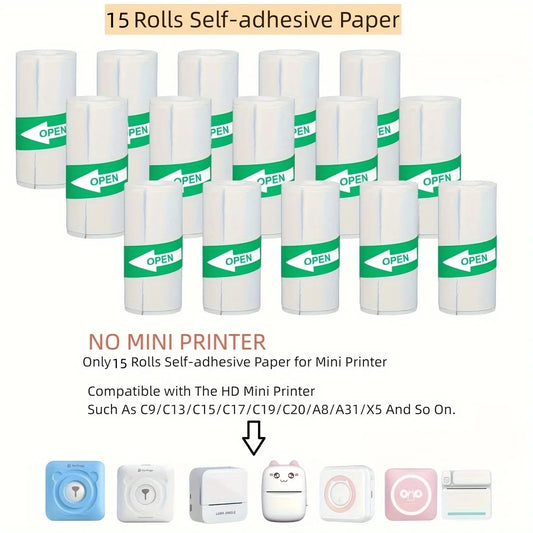 Conjunto de 15 rolos de papel autoadesivo 57mm compatível com mini impressoras para etiquetas
