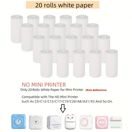 Pacote com 20 rolos de papel de impressão mini compatíveis com impressoras HD, incluindo etiqueta autoadesiva 57mm