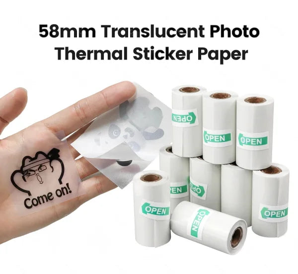 Rolos de papel de impressão térmica translucido de 58mm e etiqueta autoadesiva 57mm da PERIPAGE