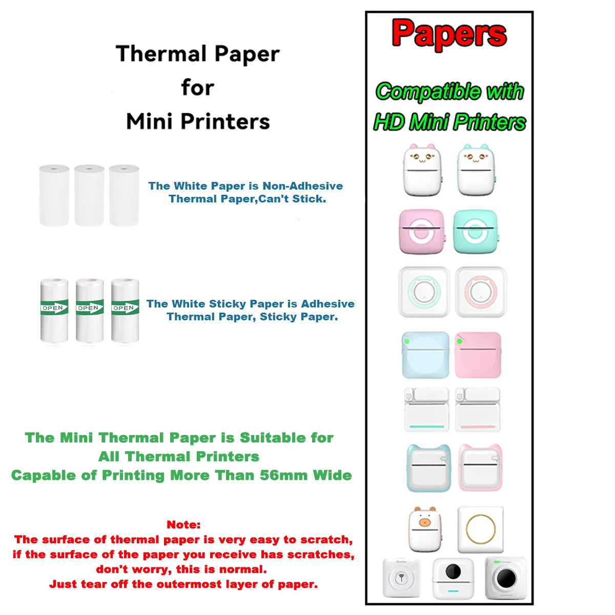 Rolos de papel de mini impressão PERIPAGE para impressoras, incluindo etiqueta autoadesiva 57mm
