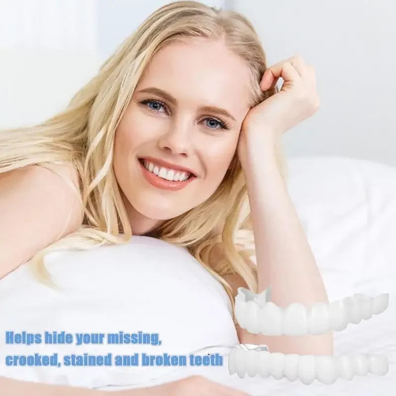 Mulher sorrindo com facetas para encaixar nos dentes, ocultando dentes faltantes e manchados