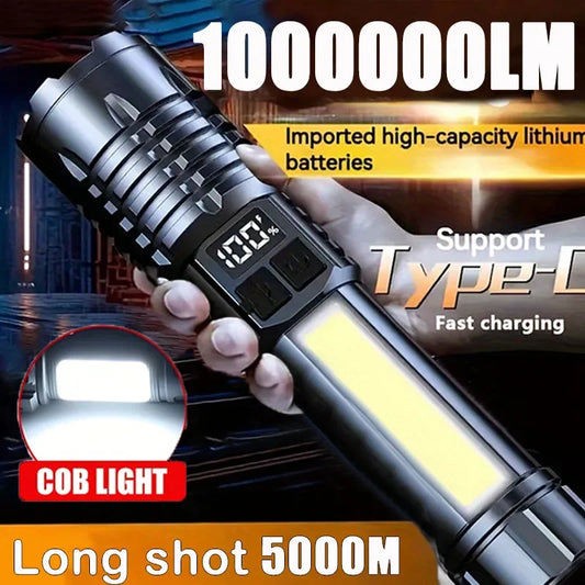 Lanterna HEINAST led de alta potência lanterna cob potente com luz lateral display digital bateria e carregamento Type C