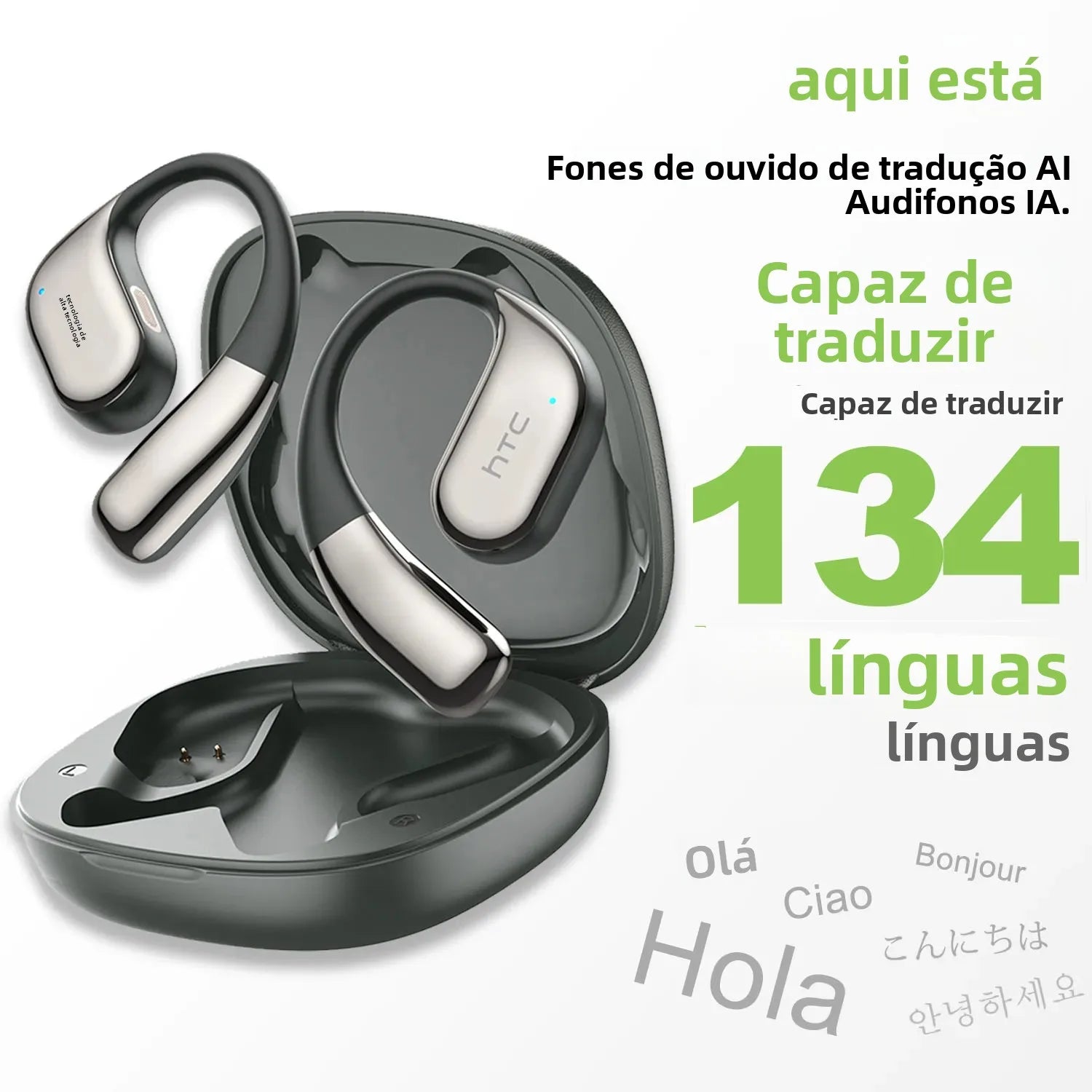 Fone de ouvido bluetooth tradutor HTC com capa de tradução para 134 línguas