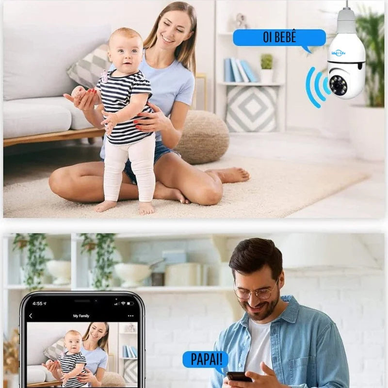 Câmera de vigilância DAFU-Brasil com monitoramento por aplicativo em uso, mostrando mãe e bebê.