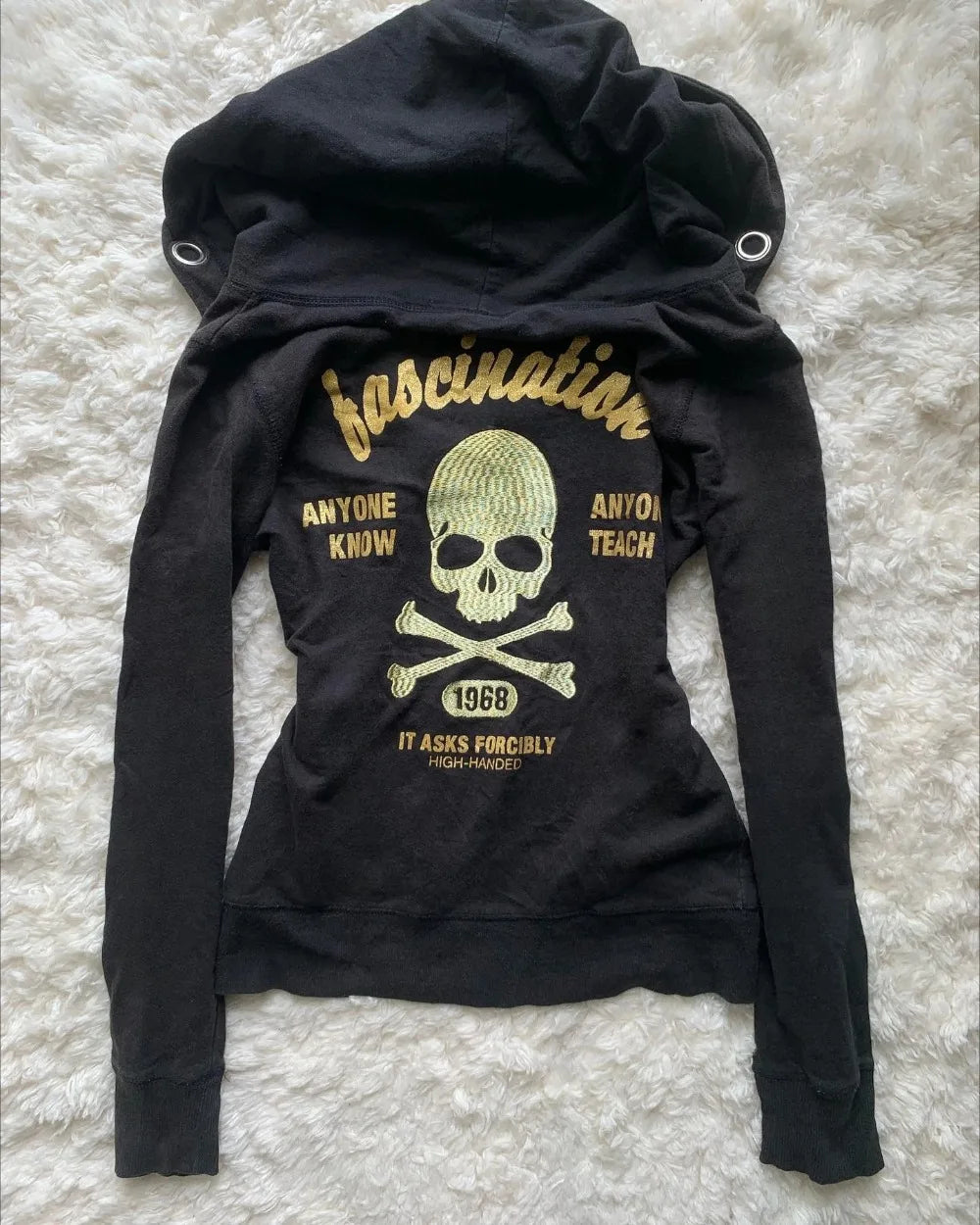 Jaqueta feminina Harajuku preta com estampa de caveira amarela estilo vintage da BiggOrange