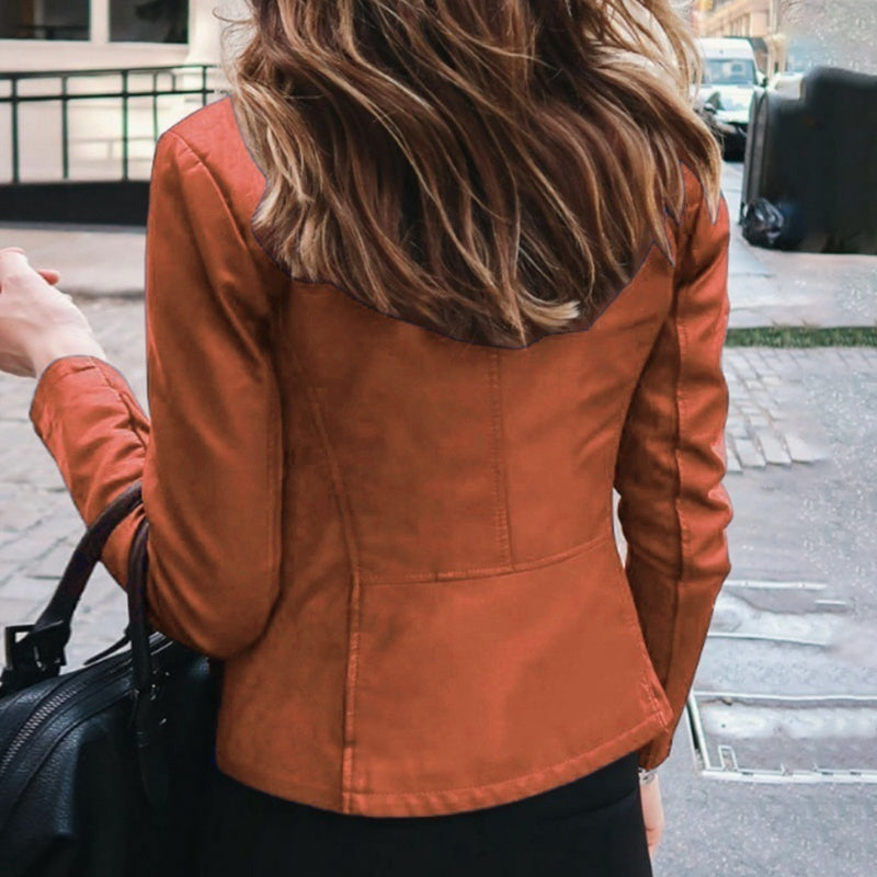 Jaqueta slim fit primavera feminina da ALLUKASA em tom laranja, perfeita para usar em dias frescos