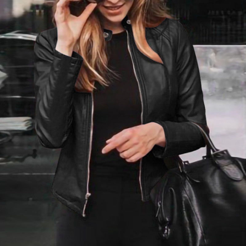 Jaqueta slim fit primavera feminina da ALLUKASA em couro sintético preta com zíper frontal