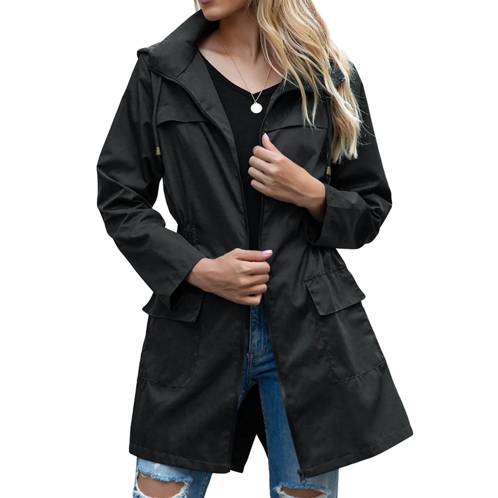 Jaqueta feminina de chuva com capuz, bolso frontal e ajuste na cintura, ideal para dias chuvosos