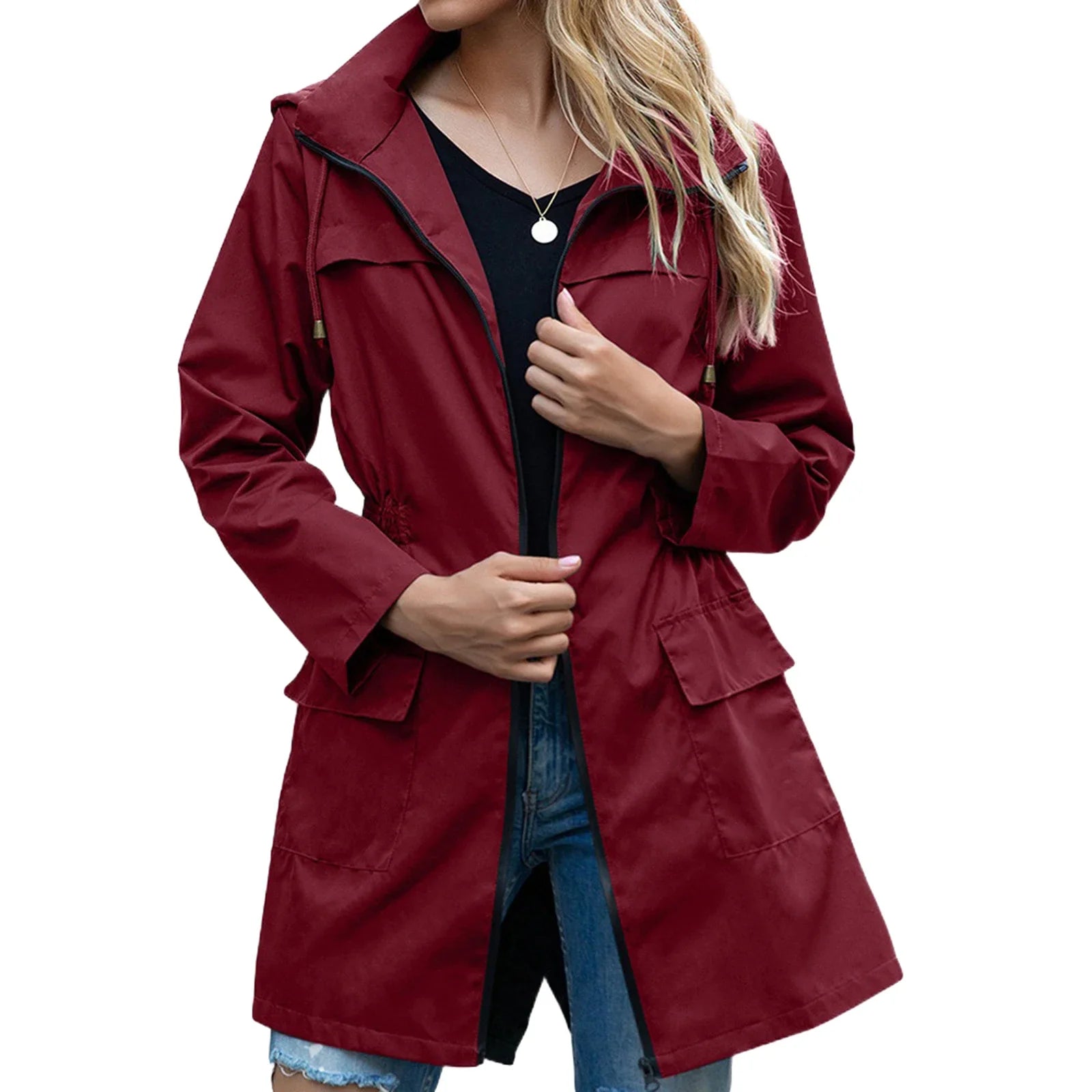 Jaqueta feminina vermelha de chuva com capuz e bolso, ideal para dias chuvosos, jaquetas de chuva femininas.