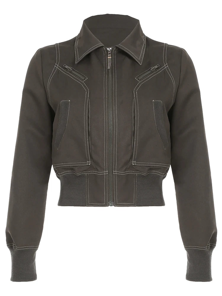 Jaqueta feminina LHRML em cinza escuro, estilo cropped, ideal para moda urbana com jaquetas femininas Harajuku