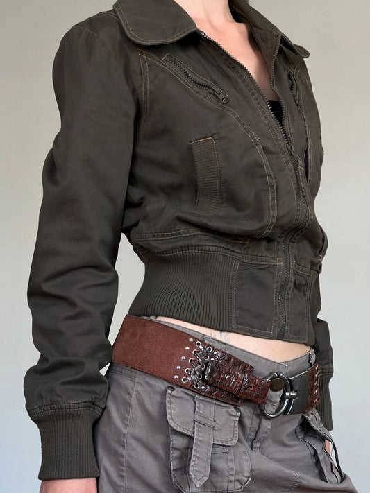 Jaqueta feminina LHRML estilo Harajuku em tonalidade verde, com zíper e cintura ajustada