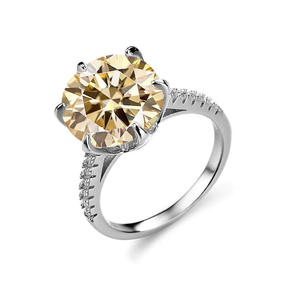 Anel feminino de prata esterlina 925 com pedra grande amarelo claro e detalhes brilhantes
