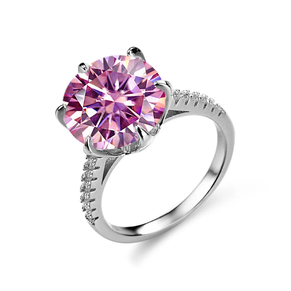 Anel feminino de prata esterlina 925 com pedra rosa redonda cravejada de brilho