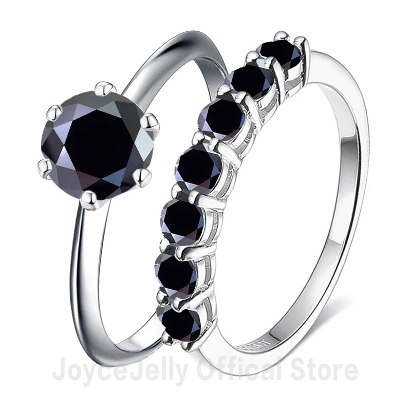 Conjunto de anéis moissanite femininos em prata com pedras negras para um toque elegante e moderno
