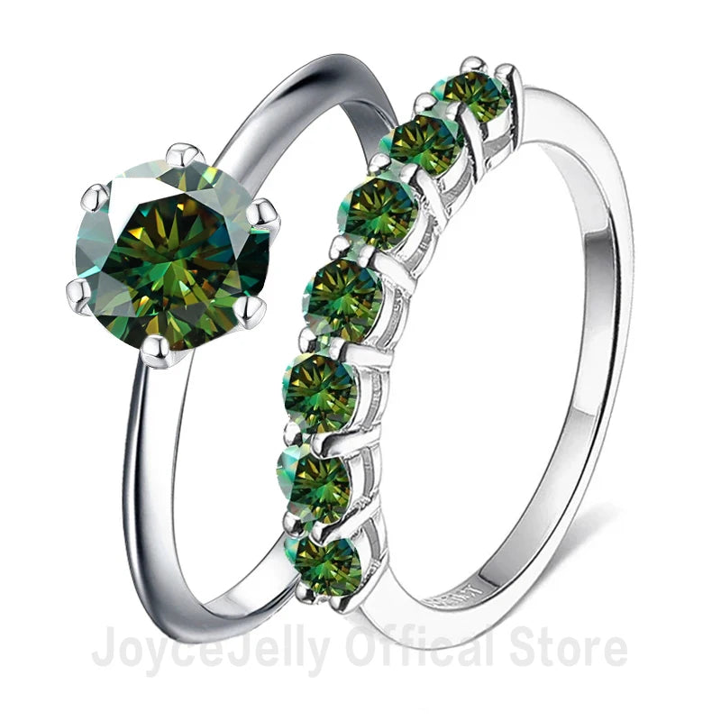 Conjunto de anéis moissanite femininos com zircônias verdes e design elegante da JOYCE JELLY