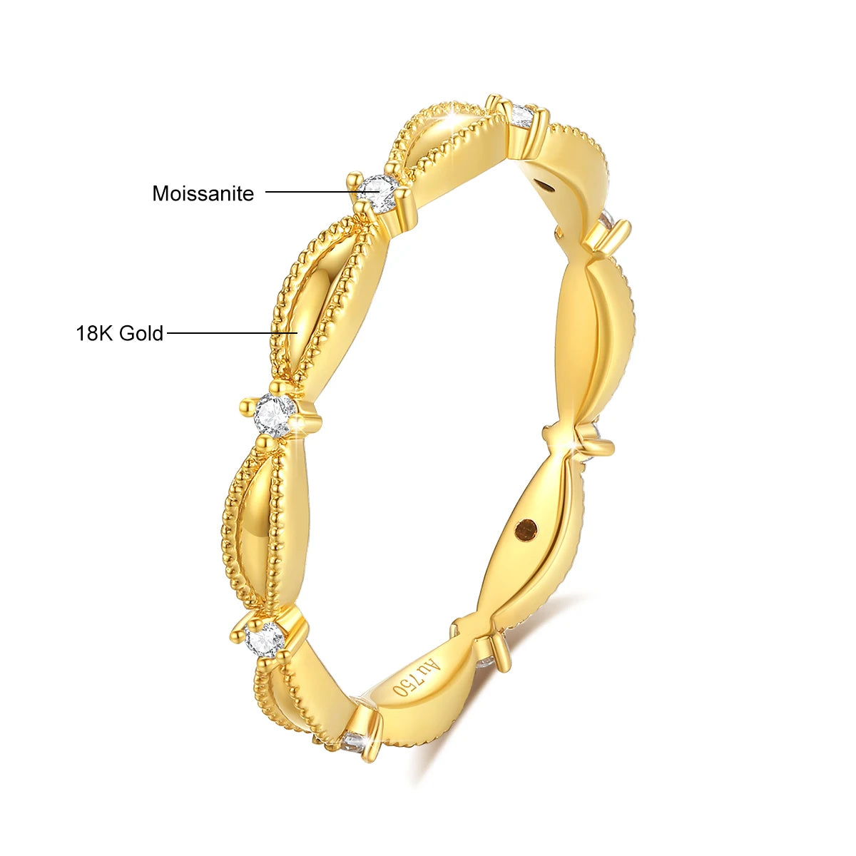 Anel de ouro 18K feminino com design delicado e pedras de moissanite brilhantes